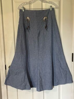 Women’s Vintage Western Light Blue A-Line Midi Skirt. Gorgeous tassel detail!